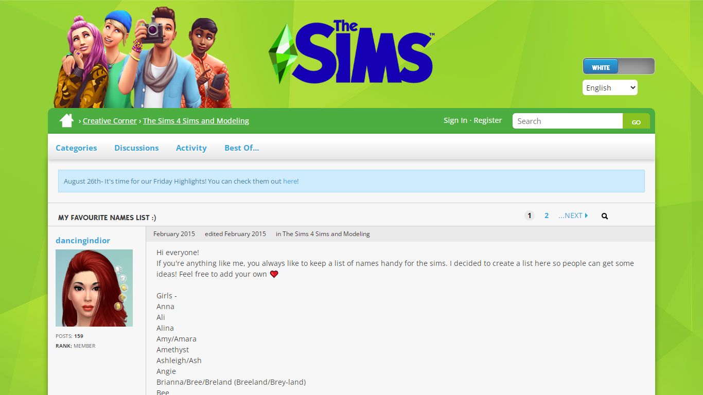 My Favourite Names List :) - The Sims Forums